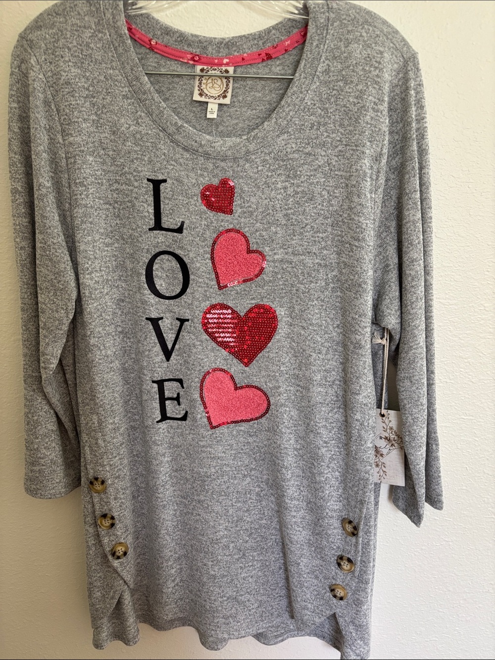 Tru Self Gray Top with Pink and Red Heart Sequin Design